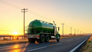 The sun is setting and a Giant truck is passing on the road