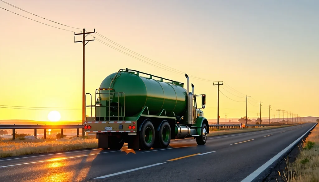The sun is setting and a Giant truck is passing on the road