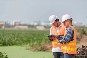 two contractors workers are looking at the files on the construction site