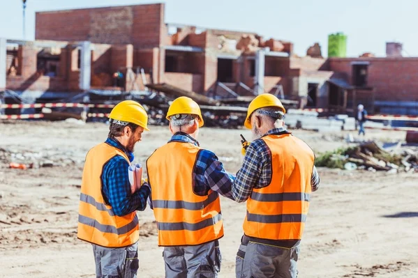 three workers are standing on the construction site and talking with each other